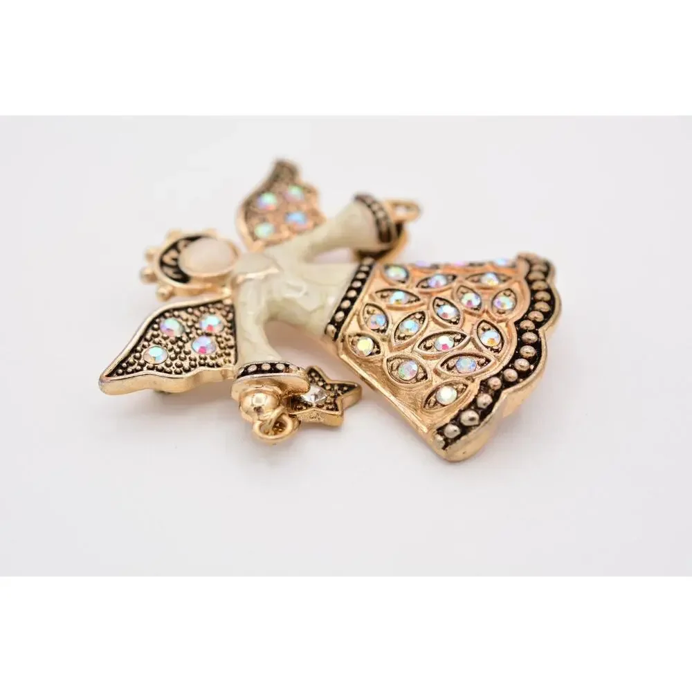 KC Vintage Christmas Angel Pin Brooch Star Heart AB Rhinestone Signed 90s Bin5A